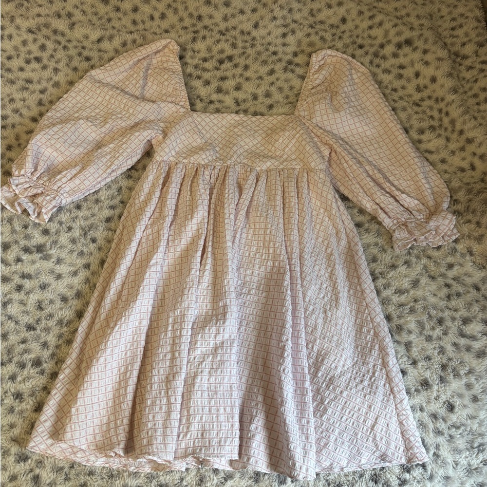 Isle and Rae White and Pink Bishop Sleeve Mini Sundress